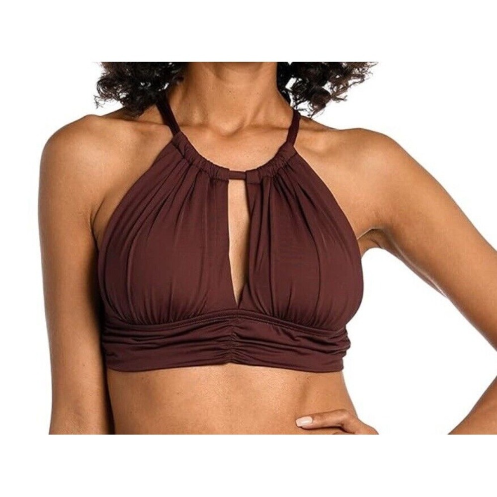 NWT La Blanca High Neck Midkini Bikini Swimsuit Top, Java, Size 16